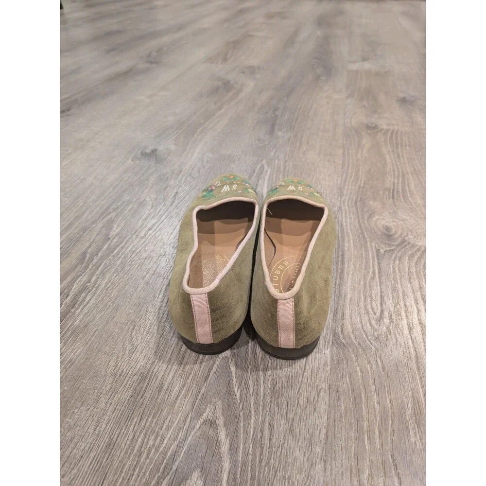 Stubbs & Wootton Green Velvet Embroidered Floral Slip-On Loafer Flat Womens 7.5